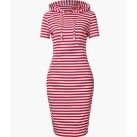  Women Stripe Pocket Knee Length Slim Casual Pullover Hoodie Dress