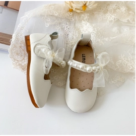 New Girls Single Princess Shoes Pearl Shallow Children's Flat Kids Baby Bowknot Shoes 